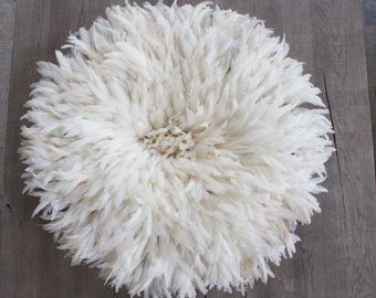 African Juju Hat, 30" Cream Juju Hat, Feathered Wall Hanging, Bohemian Wall Art, Boho Chic Wall Art, White Juju Hat, Bohemian Art, Tribal