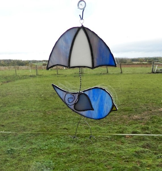 Blue Bird Suncatcher Stained Glass umbrella bird hanging