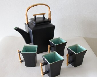 Bamboo Handle Stoneware Celadon Teapot and Cups Set