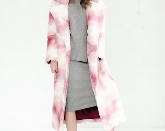 White and pink faux fur coat