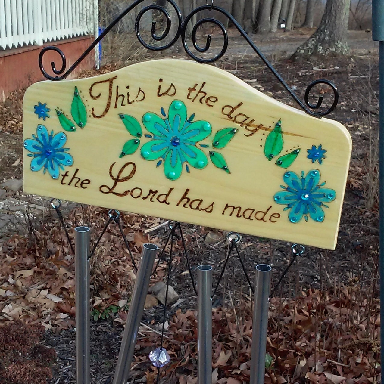 Wind chimes wood burned sign with scripture This is the