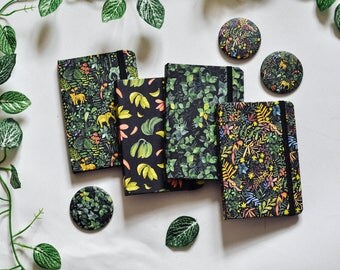Jungle BLACK paper journal, black paper hardcover notebook, BLACK NOTEBOOK, Green jungle, fruit, and animal print