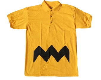 Charlie Brown Adult Polo T-shirt As Worn In Peanuts Comics Cartoon Movie TV Zig Zag Costume Christmas Gift Shirt Cosplay Gold Yellow