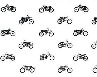 Motorcycle Fabric by the Yard. Quilting Cotton Organic Knit Jersey Minky. Black and White Bike Retro Boy Bicylces Nursery Monochrome