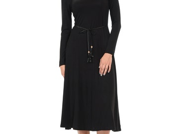 Long Sleeve A-Line Midi Dress with Braided Tassel Belt Black