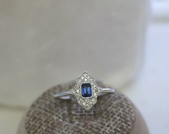 18K solid gold emerald cut sapphire and diamond art deco ring