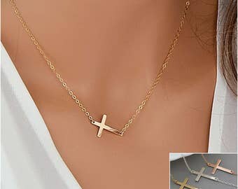 Sideways Cross Necklace, Gold Cross Necklace, Delicate Necklace, Simple Cross Necklace Silver, Rose Gold Cross