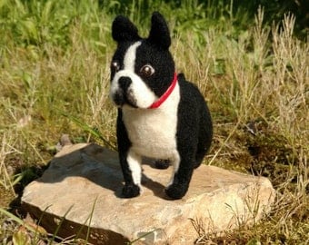 felted Boston Terrier, felted dog, dog portrait sculpture from felt, soft wool, felt dog, Pet Memorial, memory, character, pet,