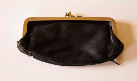 French Vintage Black Leather Coin Purse Womens Accessory