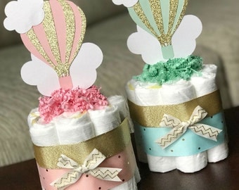 Hot Air Balloon Diaper Cake, Baby Shower Centerpiece, Decoration Gift, One Pink Gold or Mint Gold, Cloud Adventure Up and Away, Mini 1 tier