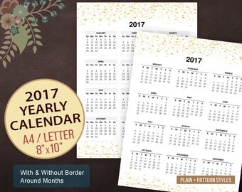 2017 Calendar, Wall Calendar, 2017 Yearly Calendar, Gold Confetti Glitter, Year At a Galnce, Desktop Calendar, A4, Letter, 8"x10", Printable