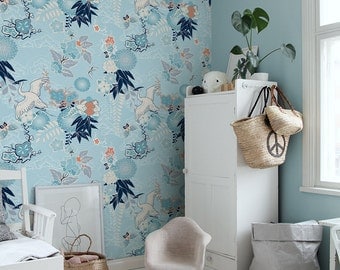 Chinoiserie wallpaper, Crane and flowers wall mural, Removable, Peel&Stick, Baby blue wallpaper, Repositionable, Oriental, Floral #113