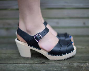 Swedish Clogs Peep Toe Black Leather by Lotta from Stockholm / Wooden Clogs / Summer Sandals / High Heel Shoes / Sweden / Scandinavian