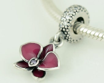 Pandora "Silver Dangle Enamel Purple Orchid Clear CZ" High Fashion Genuine Designer Sterling Silver Charm/Bead Free Velvet Pouch Bag