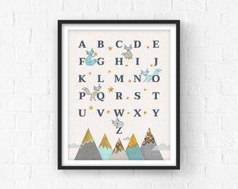 Nursery Decor, Nursery Art, Baby Woodland Decor, Nursery ABC, Baby Gift, Nursery Prints, Alphabet, Neutral Wall Art, New Baby Gift, Mint