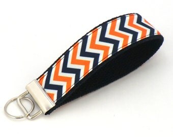 Navy and Orange Chevron Keychain Wristlet, Key Fob, Bag Charm, Coach or Team Gift, Chevron