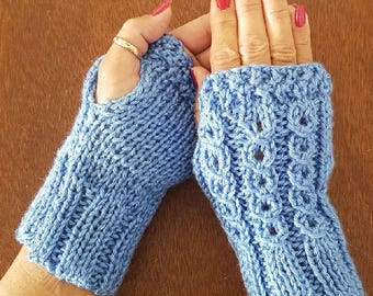 Light Blue Fingerless Mitts with Design