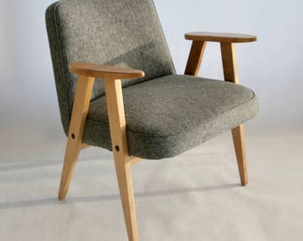 Chierowski 366 Vintage armchair. Mid-century Polish design. New upholstery (cotton, melange gray), beech wood.