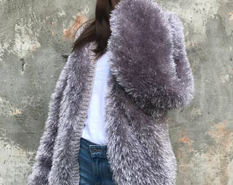 Faux fur jacket faux fur coat fashion coat fashion cardigan party coat boho cardigan hand knit coat grey fur coat Faux Fur Wrap hipster coat