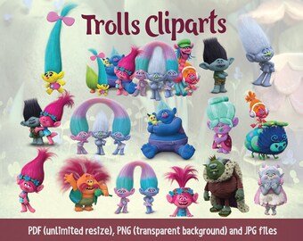 15 Trolls Cliparts, Printable Trolls, Trolls Vector, Trolls Cartoon Clipart, 300 ppi, Transparent Background, Vector Files