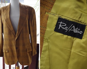 GOLDEN Brown 1960's Vintage Light Brown Plaid Blazer Jacket // by ROOS ATKINS // size Medium Large 40 42