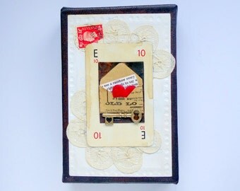 Small mixed media original altered art canvas. Vintage postcard/Love Heart/Lace/Stamp/Key. Red/white/chocolate brown
