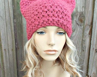 Pink Cat Hat - Thermal Crochet Womens Winter Beanie in Raspberry - Pink Pussyhat Project Pink Pussy Hat