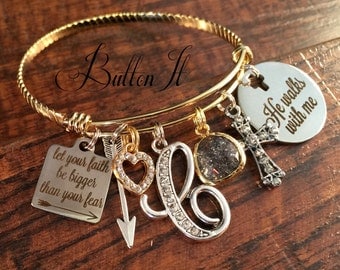 FAITH bracelet, BAPTISM gift, Christian jewelry, Gold Bangle charm bracelet, Inspirational jewelry, He walks with me, Arrow, birthday gift
