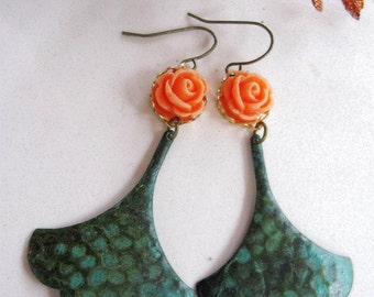 Patina Gingko Leaf Earrings, Botanical Earrings, Orange Flower Earrings, Bohemian, Vintage style, Gardendiva