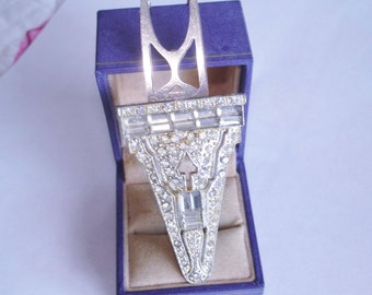 Fur Clip Brooch Clear Rhinestone Silver Tone