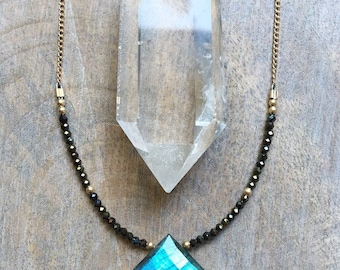 Labradorite and Spinel Necklace, Faceted Labradorite Pendant, Boho Luxe Gemstone Necklace, Bohemian Jewelry