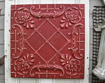 Antique Ceiling Tin Tile. FRAMED 2x2 metal tile. Red tile. Vintage architectural salvage. Red Metal wall decor. Old pressed tin.