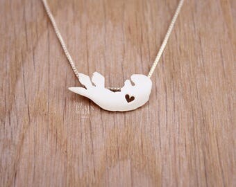 Sea Otter necklace, tiny sterling silver hand cut pendant with heart