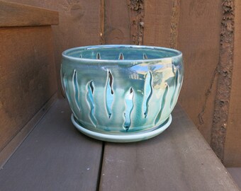 Aqua Blue Green Ceramic Orchid Planter Flower Pot Mothers Day Gift Idea Spring Home Decor, Handmade Artisan Pottery by Licia Lucas Pfadt