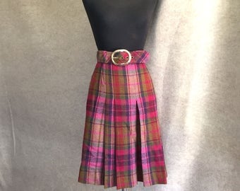 Vintage Plaid Skirt, Pink Plaid Skirt, Pink Pleated Skirt, 60s Skirt, Waist 28 Size Medium, SALE