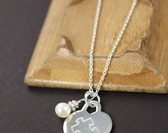 Autism Awareness Necklace , Puzzle Piece Necklace , Autism Mom Necklace Personalized Custom Engraved Jewelry 925 Sterling Silver