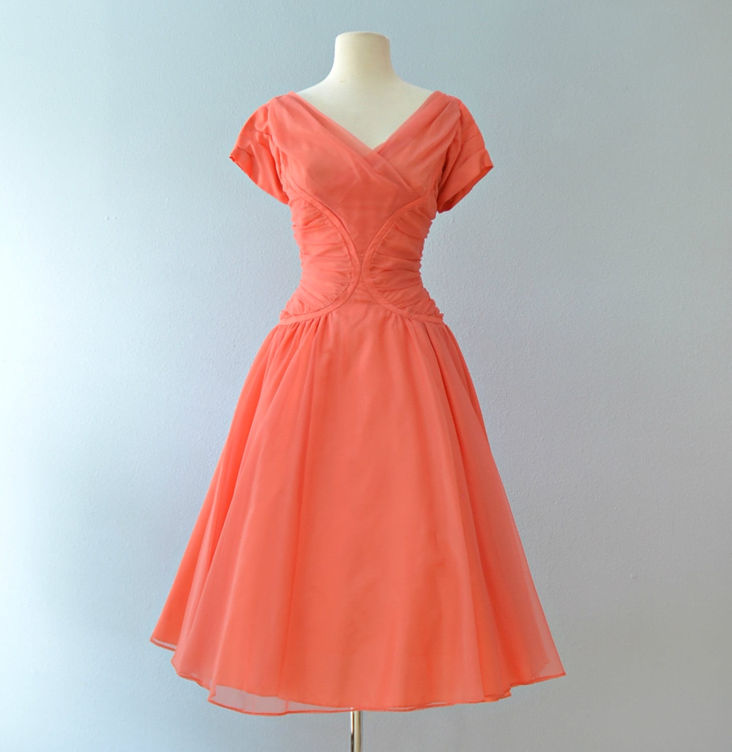 1950s Party Dress...Gorgeous Coral Chiffon Tea Length Party