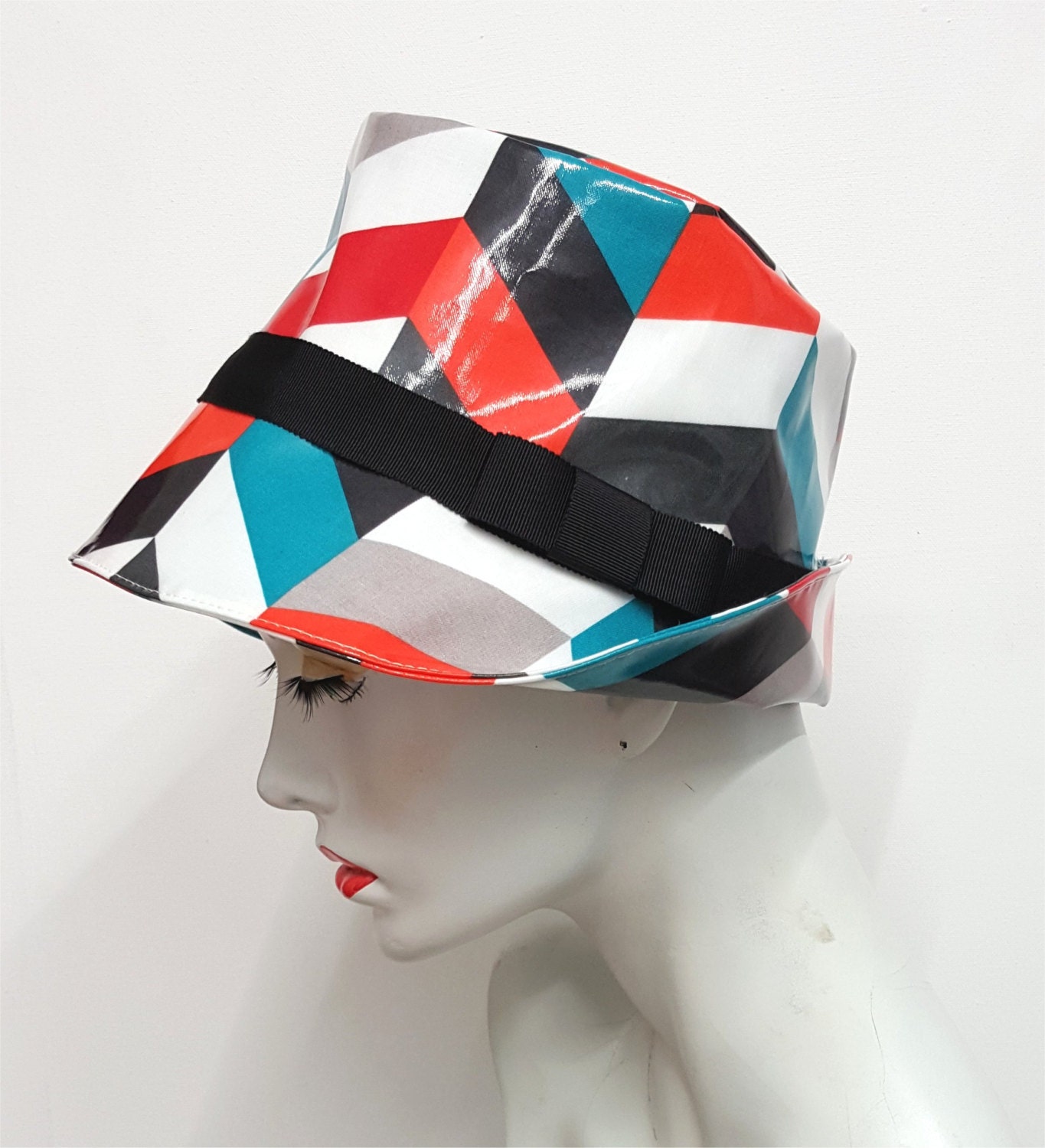 PVC oilcloth rain hat bucket hat geometric design by SHMillinery