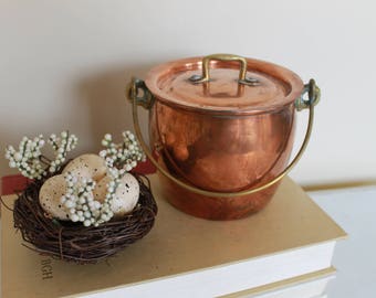 Vintage Italian Copper Pot with Lid, Italian Jenzo Copper Pot with Handle, Vintage Copper, Copper Bean Pot, Brass and Copper