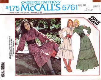 McCall's 5761 Vintage 70s Sewing Pattern for Misses' Peasant Dress - Uncut - Size Small 10-12