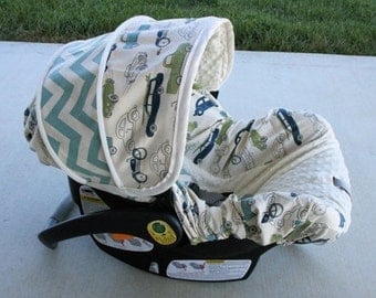 Retro Cars with Chevron accents and cream miny - Infant car seat cover - Custom order