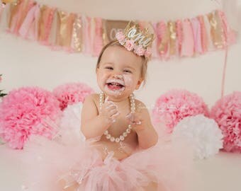 First Birthday crown cursive ONE || mini Sienna gold || baby pink flowers lace crown headband ||photography prop