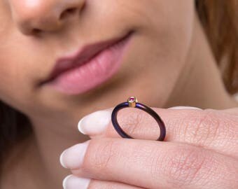 Titanium band, YELLOW GOLD, minimal band, hypoallergenic ring tiny, stone ruby ring, birthstone ring, July birthstone, thin band, dark color
