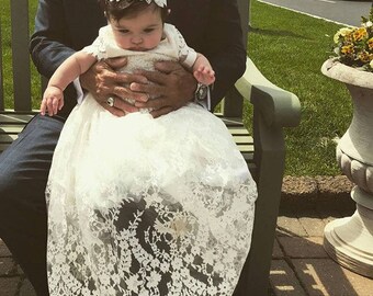 Sierra baby girl Lace long heirloom ivory christening baptism communal gown dress with cap sleeves scallop hem tulle and beaded waistband