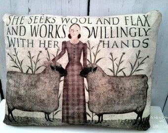 Primitive Sheep Pillow | Folk Art Sheep Pillow | Primitive sheep decor | She Works Willingly With Her Hands | Folk Art Sheep Pillow