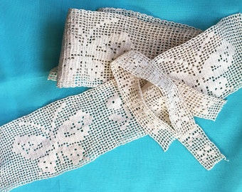 Antique Lace Vintage Lace 19th C French Filet Lot Handmade Cotton Lacis Lovely Butterfly Design Great Sewing Supply