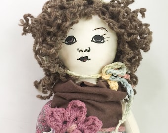 SALE Curly Haired Pixie Doll, Handmade Doll, Cloth Doll, Natural Materials, Fabric Doll, Ragdoll, Waldorf, Nursery Decor, Cloth Toy, Doll