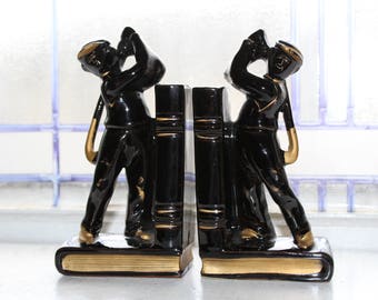 Vintage Golfer Bookends Black and Gold 1950s