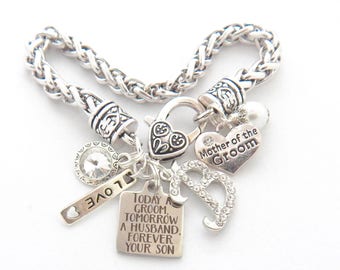 MOTHER of the Groom Bracelet, Mother of Groom Gift, Today a Groom Tomorrow a Husband, Forever Son Charm Bracelet, Antique Wedding Bracelet