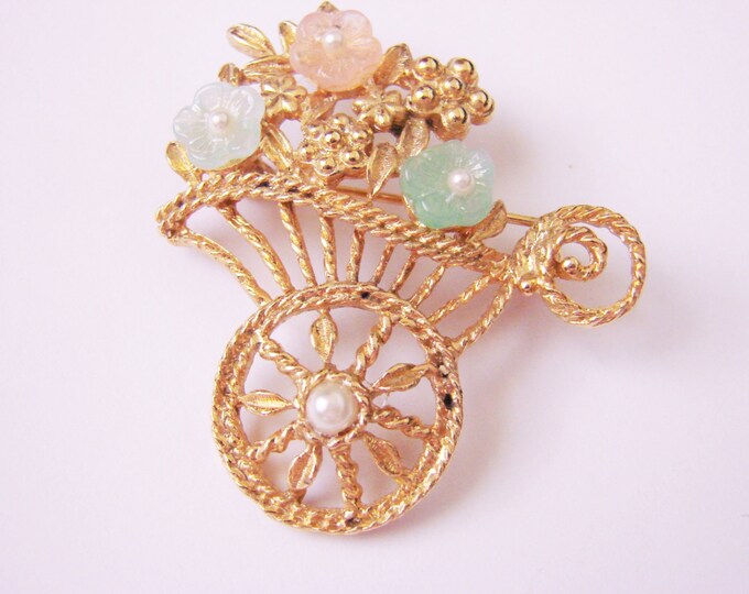 Vintage Flower Cart Brooch Pastel Molded Glass Flowers Pearls Retro